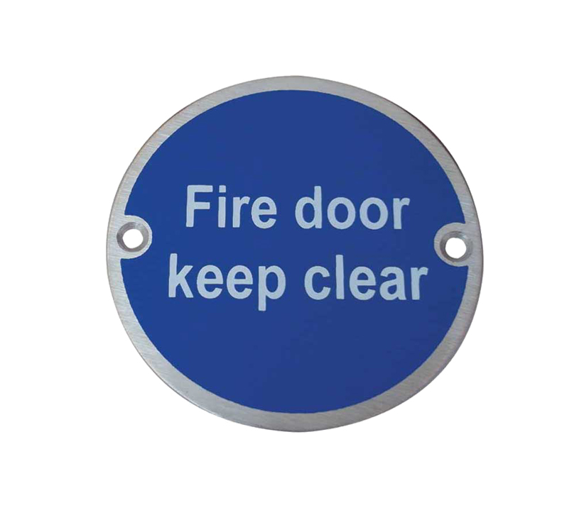 Frelan Hardware Fire Door Keep Clear Sign (75mm Diameter), Satin Stainless Steel