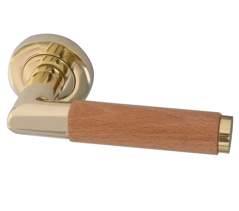 Frelan Hardware Reguitti Havanna Light Wood Door Handles On Round Rose, Polished Brass  (sold In Pairs)