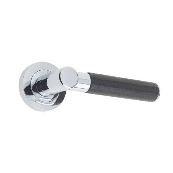 Ascot Door Handle on Rose Black Leather/Polished Chrome