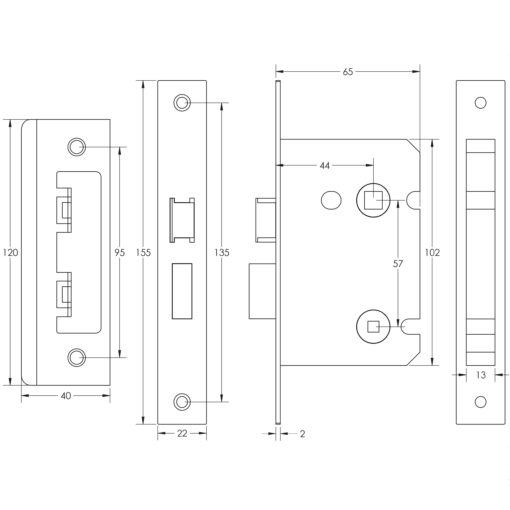 63mm SN bathroom lock square forend & radiused strike plate - Image 2