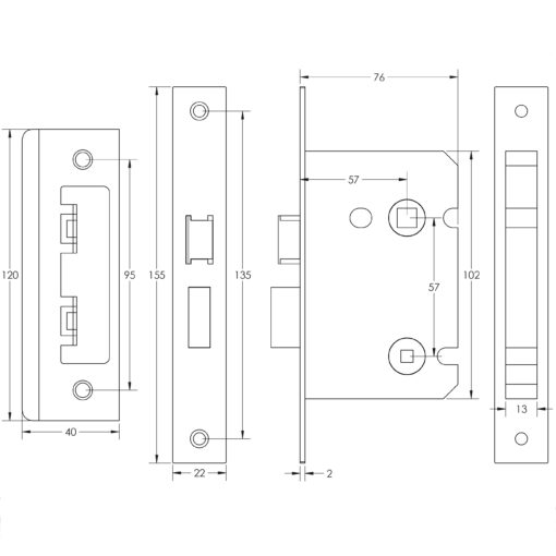 76mm BL Bathroom lock square forend & radiused strike plate - Image 2