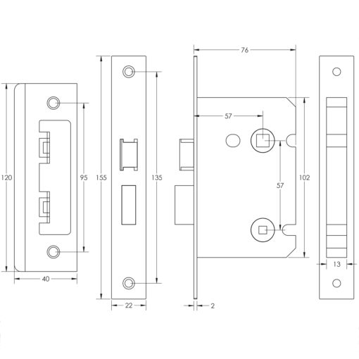 76mm BL Bathroom lock square forend & radiused strike plate - Image 2