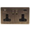 Eurolite Concealed 3mm 2 Gang 13Amp Switched Socket With Usb C Ant Brass - Antique Brass