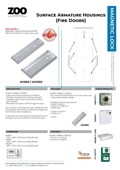Zoo Hardware Armature Housing for ML600 Maglock range - For Outward Opening Doors AH600