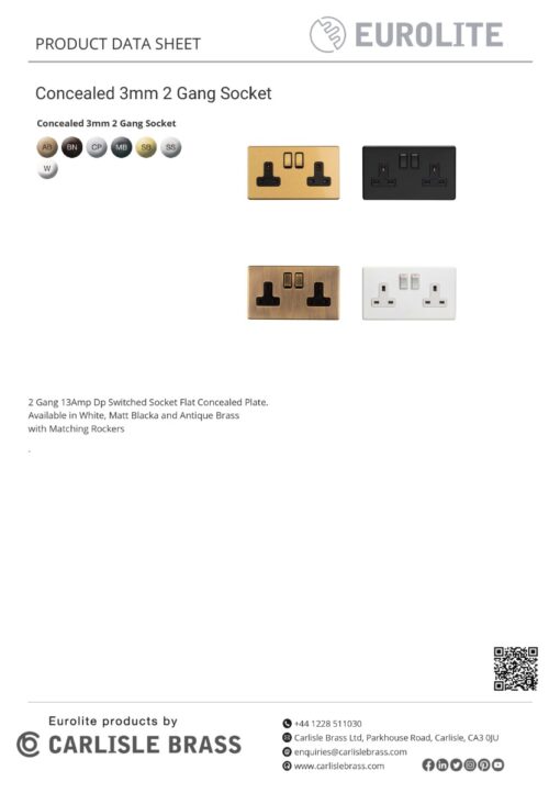 Eurolite Concealed 3mm 2 Gang 13Amp Dp Switched Socket - Black Nickel