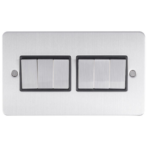 Eurolite Efsss6Swssb 6 Gang 10Amp 2Way Switch Enhance Flat Satin Stainless Steel Plate Matching Rockers Black Trim