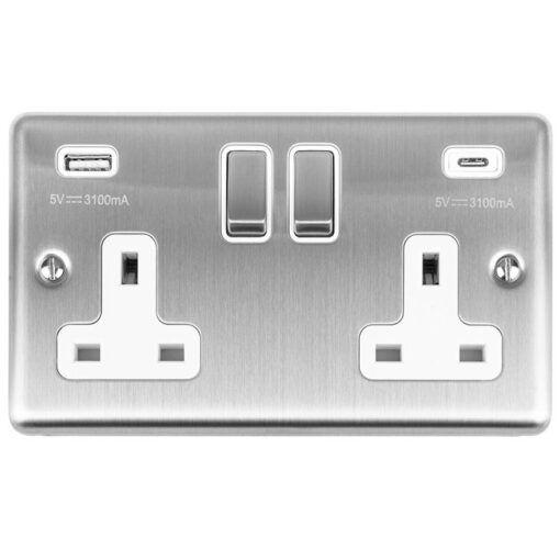 Eurolite Enhance Decorative 2 Gang 13Amp Switched Socket With Usb C Stainless Steel - Satin Stainless