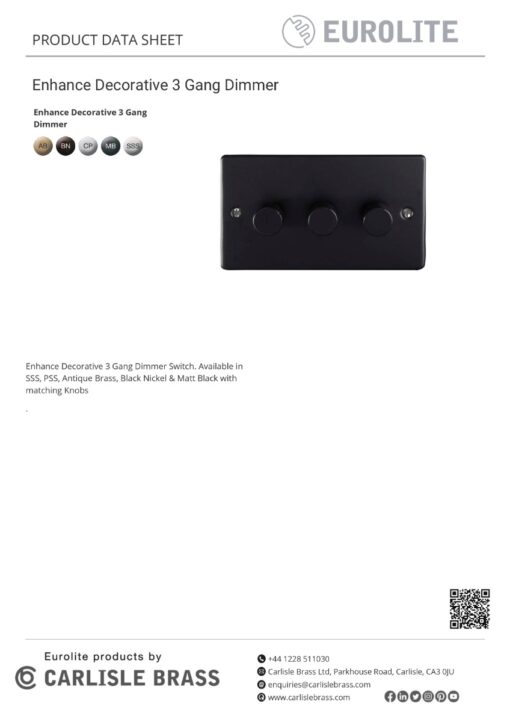 Eurolite Enhance Decorative 3 Gang Dimmer - Matt Black