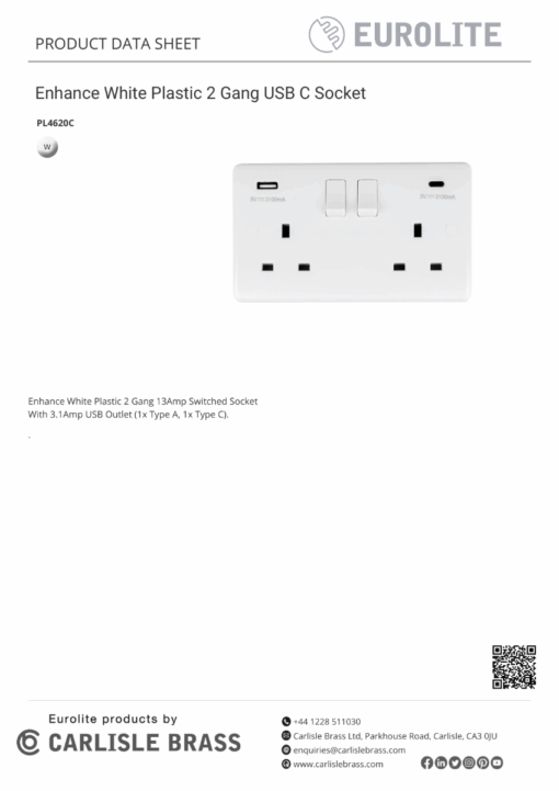 Eurolite Enhance White Plastic Enhance White Plastic 2 Gang Usb C Socket - White