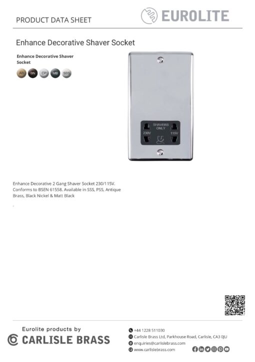 Eurolite Enshsabb 2 Gang Shaver Socket 230/115V Antiqueenhance Range Black Trim