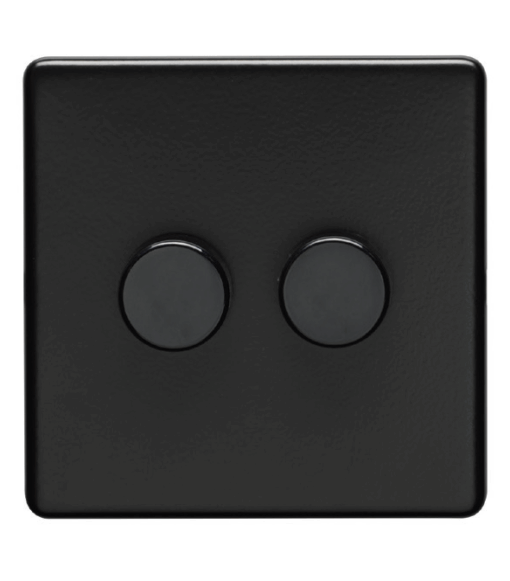 Eurolite Mb2D400 2 Gang 400W Push On Off 2Way Dimmer Switch Round Edge Matt Black Plate Black Nickel Knobs