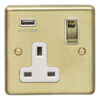 Eurolite Sb1Usbpbw 1 Gang 13Amp Switched Socket With 2.1 Amp Usb Outlet Round Edge Satin Brass Plate Matching Rocker White Trim