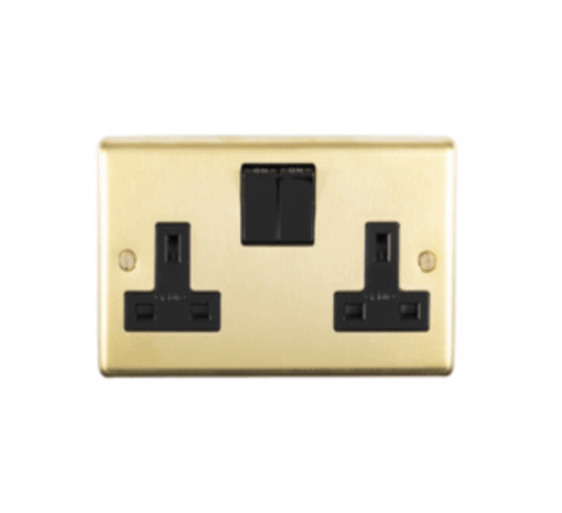 Eurolite Sb2Sopbw 2 Gang 13Amp Dp Switched Socket Round Edge Satin Brass Plate Polished Brass Rockers White Trim