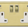 Eurolite Sb2Usbpbw 2 Gang 13Amp Switched Socket With Combined 3.1Ampusb Outlets Round Edge Satin Brass Plate Matching Rockers White Trim