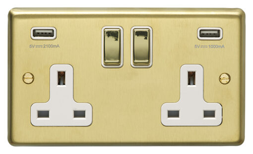 Eurolite Sb2Usbpbw 2 Gang 13Amp Switched Socket With Combined 3.1Ampusb Outlets Round Edge Satin Brass Plate Matching Rockers White Trim