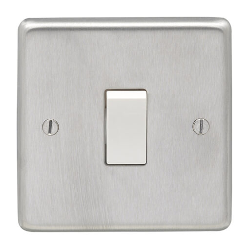 Eurolite Sss1Sww 1 Gang 10Amp 2Way Switch Round Edge Satin Stainless Steel Plate White Rocker