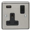 Eurolite Sss1Usbb 1 Gang 13Amp Switched Socket With 2.1 Amp Usb Outlet Round Edge Satin Stainless Steel Plate Black Rocker