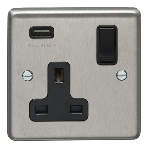 Eurolite Sss1Usbb 1 Gang 13Amp Switched Socket With 2.1 Amp Usb Outlet Round Edge Satin Stainless Steel Plate Black Rocker
