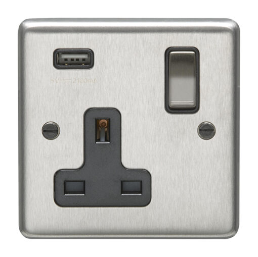 Eurolite Sss1Usbssb 1 Gang 13Amp Switched Socket With 2.1Amp Usb Outlet Round Edge Satin Stainless Steel Plate Matching Rocker Black Trim