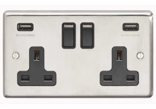 Eurolite Sss2Usbssw 2Gang13Amp Switched Socket With Comb 3.1 Ampusboutlets Round Edge Satin Stainless Steel Plate Match Rockers White Trim