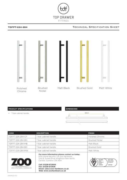Zoo Hardware TDFPT-224-284BN T Bar Cabinet handle 224mm CTC, 284mm Total length Brushed Nickel Finish