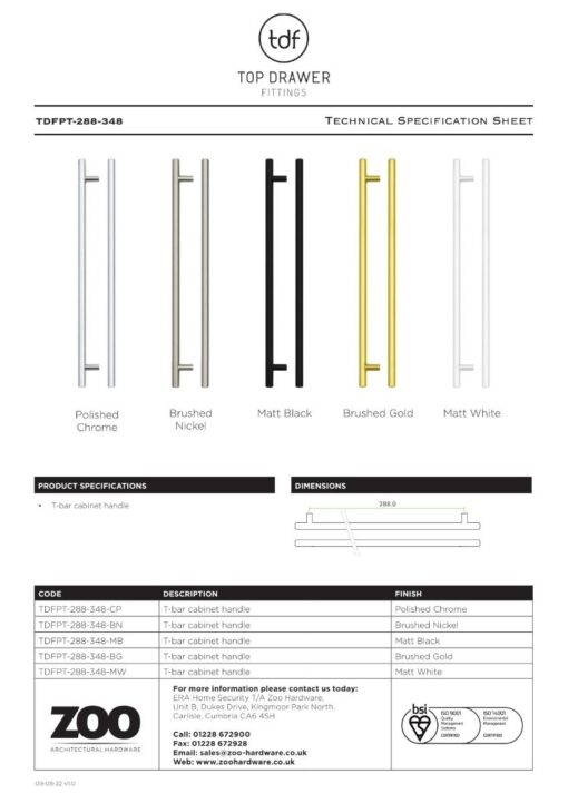 Zoo Hardware TDFPT-288-348BN T Bar Cabinet handle 288mm CTC, 348mm Total length Brushed Nickel Finish