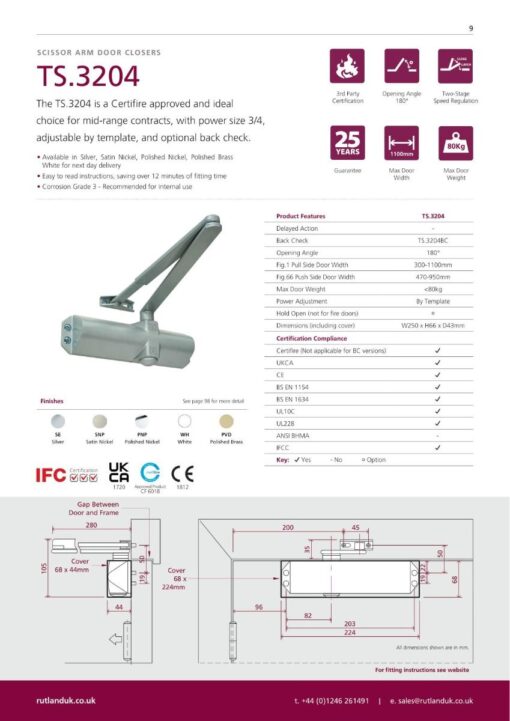 Rutland TS.3204 Door Closer, BC c/w Flatbar Armset Silver