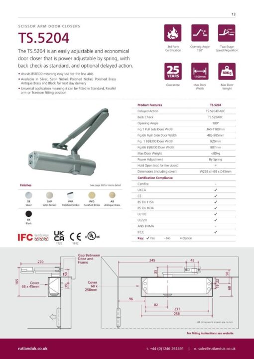 Rutland TS.5204 Door Closer, BC c/w Semi-Radius Cover, Flatbar Armset Satin Nickel