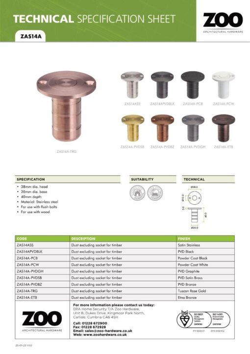 Zoo Hardware ZAS14A-PCW Dust socket for flush bolt-to Suit Wood - White Finish