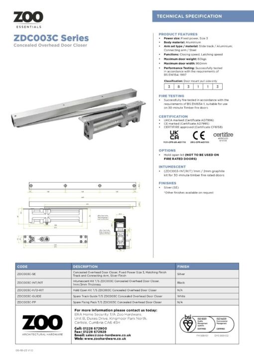 Zoo Hardware Concealed Overhead Door Closer, Fixed Power Size 3, Matching Finish Track and Connecting Arm, Silver Finish ZDC003C-SE