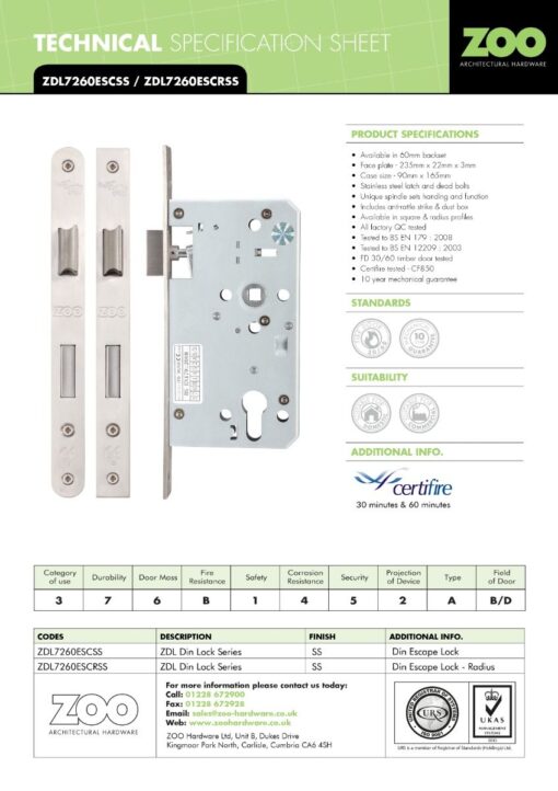 Zoo Hardware Mortice Escape Sashlock - 72mm Centres, 60mm Backset - Radius Forend, Satin Brass ZDL7260ESC-R-PVDSB