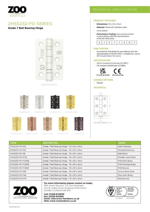 Zoo Hardware Door Hinges Stainless Steel Ball Bearing Grade 7 Certifire UKCA/CE 76mm Etna Bronze