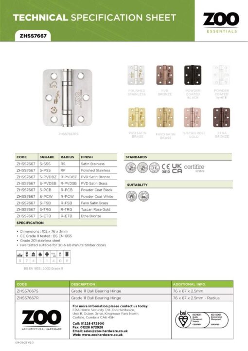 Zoo Hardware ZHSS7667R-MB Grade 11 Hinges - Ball Bearing 76mm x 67mm x 2.5mm Radius Corner - Matt Black