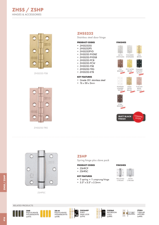 Zoo Hardware Door Hinges Stainless Steel Ball Bearing Grade 7 Certifire UKCA/CE 76mm Etna Bronze