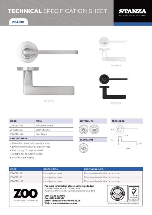 Zoo Hardware ZPA010-CP Leon Door Handle on Rose Polished Chrome