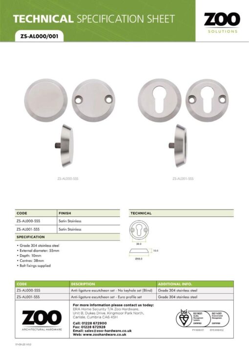 Zoo Hardware ZS-AL001 Anti Ligature Escutcheon - Euro Profile - Satin St. Steel