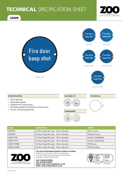 Zoo Hardware ZSS09-PCB Signage - Fire Door Keep Shut - 76mm dia Powder Coated Matt Black